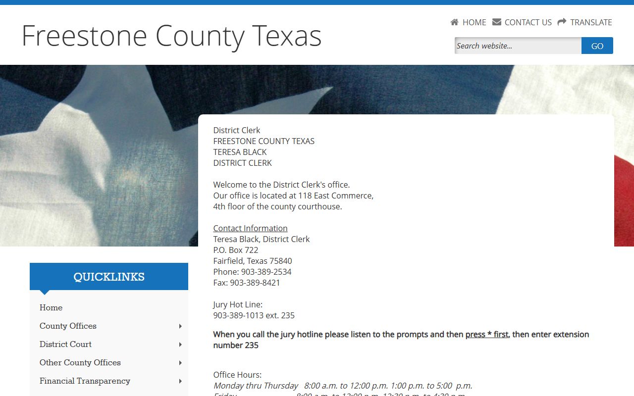 Freestone County District Clerk court records after jail arrest contact page
