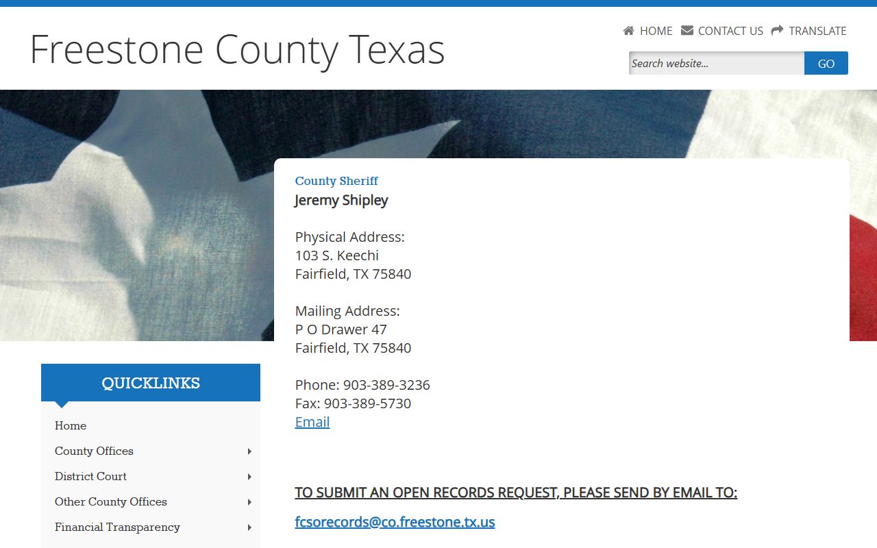 Freestone County Jail record access on the sheriff contact page