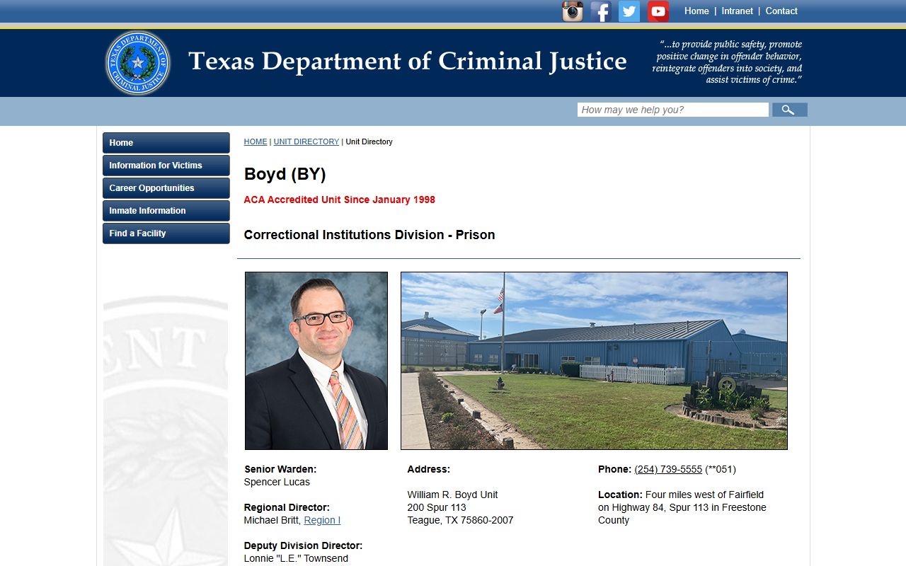 William R. Boyd Unit inmate lookup and TDCJ facility record page