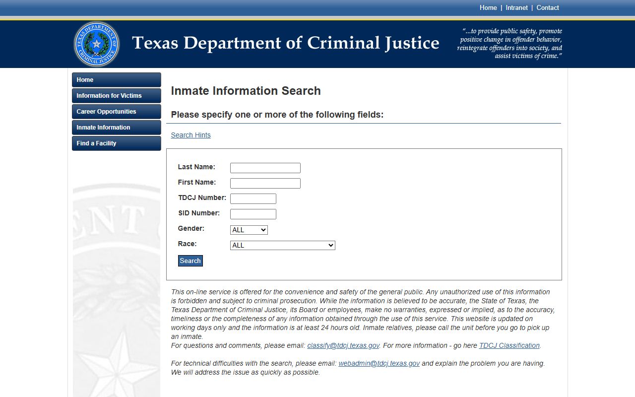 Texas TDCJ inmate search fields for Freestone County state prisoner lookup