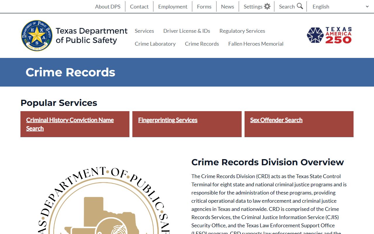 Texas DPS crime records page for statewide records after Freestone County arrest